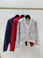 Color-blocked minimalist V-neck knit long-sleeved cardigan