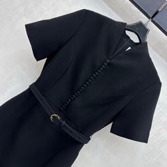 Fabric-Covered Button Metal Belt Dress