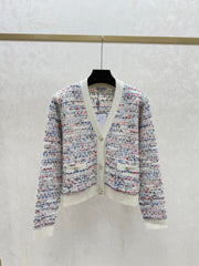Color-blocked minimalist V-neck knit long-sleeved cardigan
