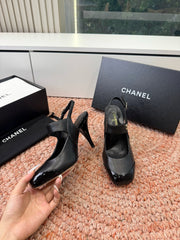 CHANEL 26S SQUARE TOE HIGH HEELS SLINGBACKS IN BLACK LAMBSKIN WITH TOE