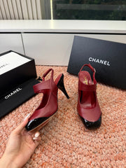 CHANEL 26S SQUARE TOE HIGH HEELS SLINGBACKS IN RED LAMBSKIN WITH BLACK TOE