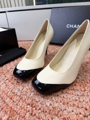 CHANEL 26S SQUARE TOE HIGH HEELS IN WHITE LAMBSKIN WITH BLACK TOE