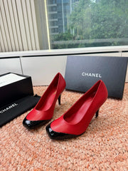 CHANEL 26S SQUARE TOE HIGH HEELS IN RED LAMBSKIN WITH BLACK TOE