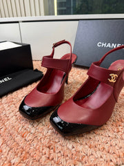 CHANEL 26S SQUARE TOE HIGH HEELS SLINGBACKS IN RED LAMBSKIN WITH BLACK TOE