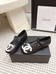 CHANEL 26S MARY JANE FLATS IN BLACK LAMBSKIN WITH WHITE CC LOGO