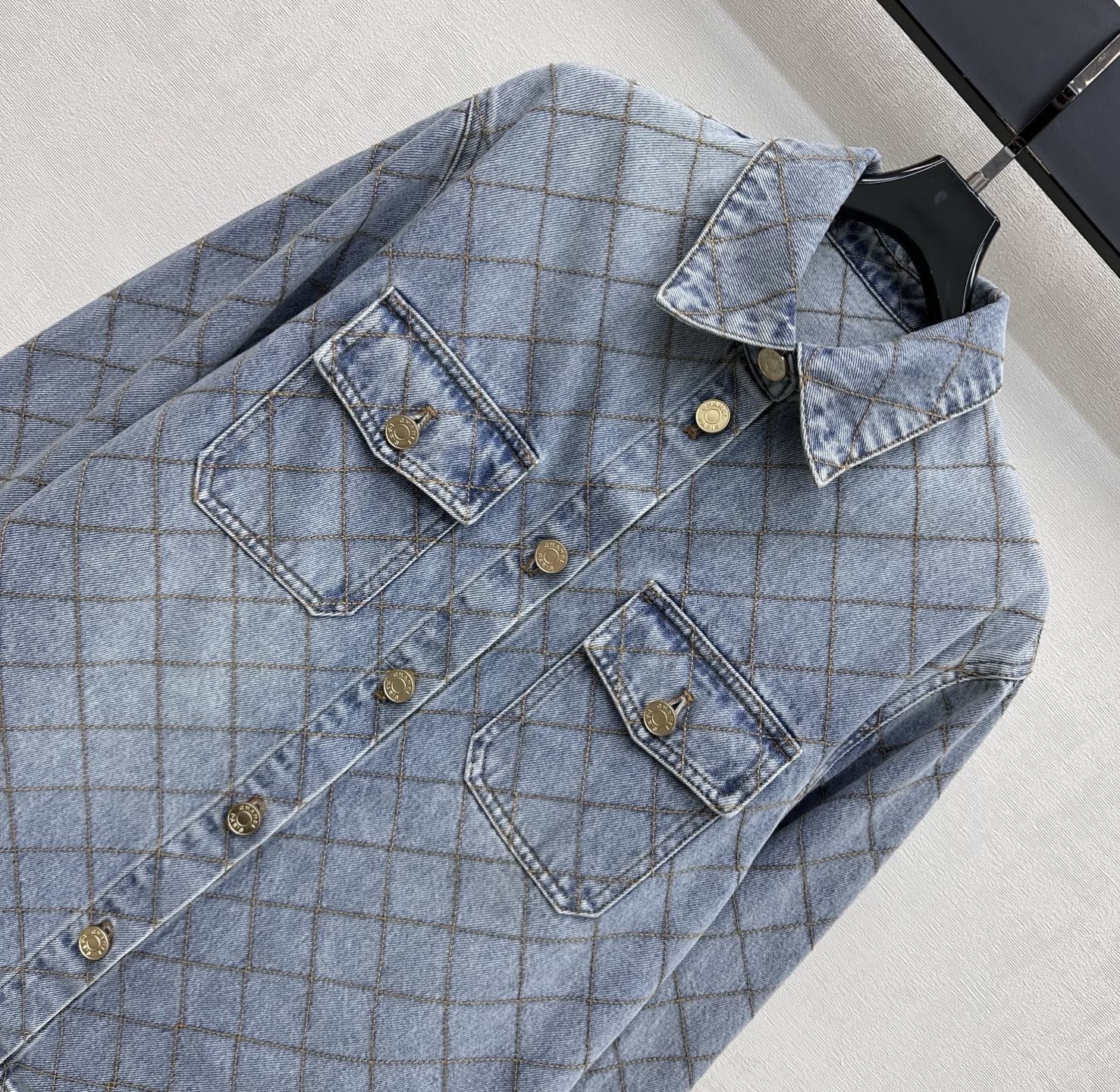 Chanel/Diamond-Quilted Denim Shirt with Collar