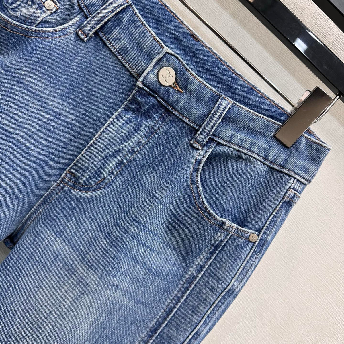 Chanel/Leather-Patch Bootcut Denim Trousers