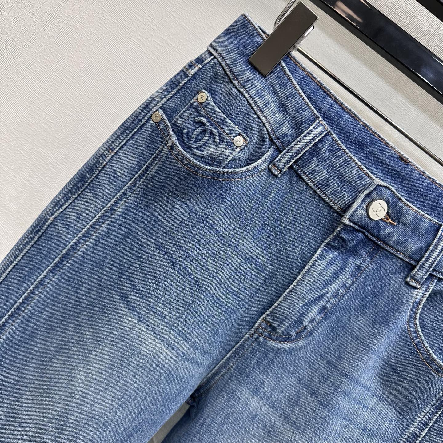 Chanel/Leather-Patch Bootcut Denim Trousers