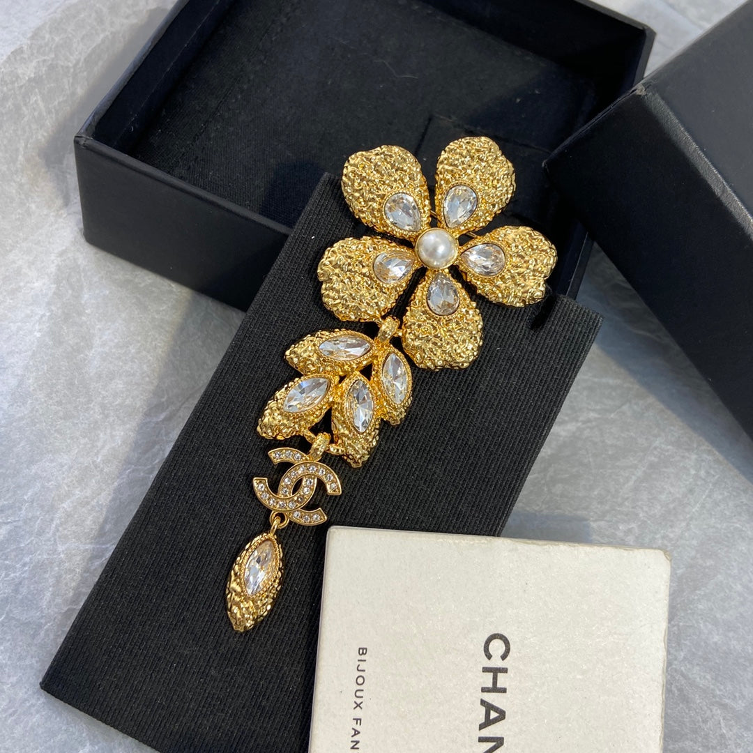 Golden Flower Petal and Marquise-Cut Stone Brooch