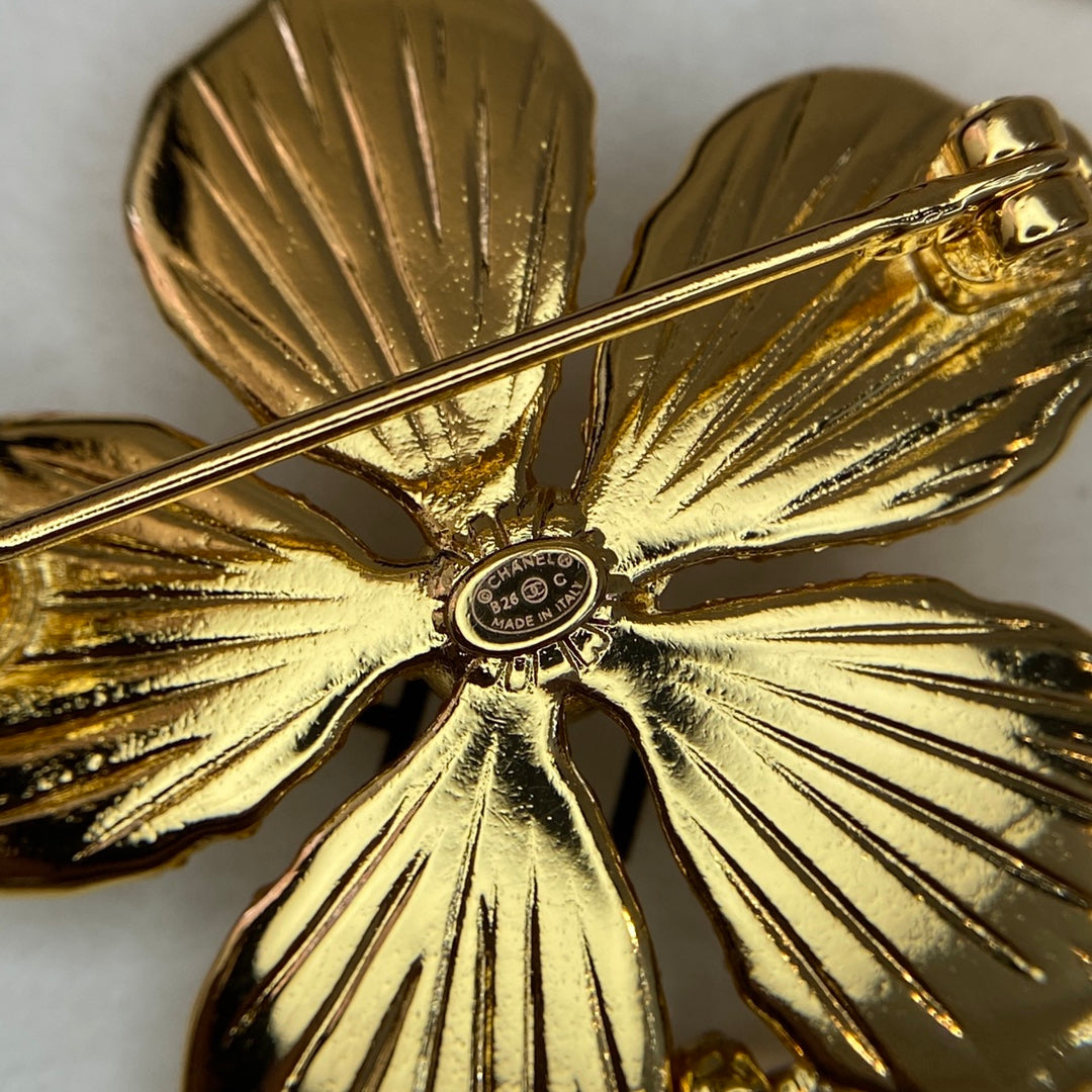 Golden Flower Petal and Marquise-Cut Stone Brooch