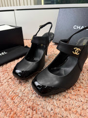 CHANEL 26S SQUARE TOE HIGH HEELS SLINGBACKS IN BLACK CALFSKIN