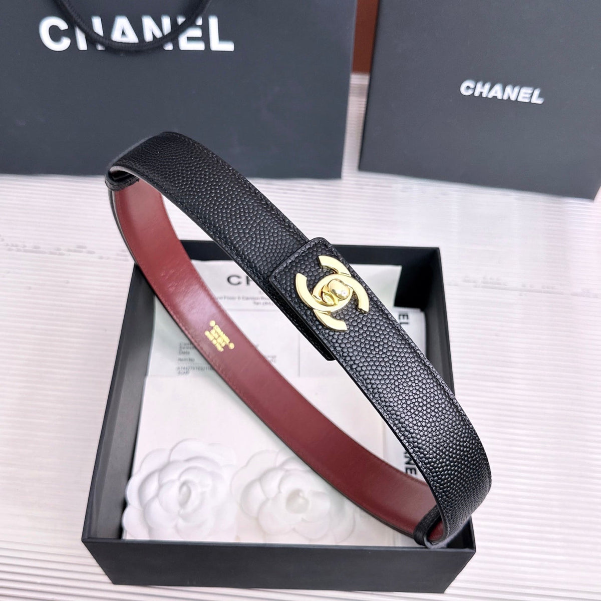 26FW New Black & Red Top-Grain Cowhide Belt-Litchi Grain 30mm